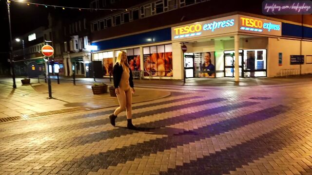 Exhibitionist wife walking nude around a town in England