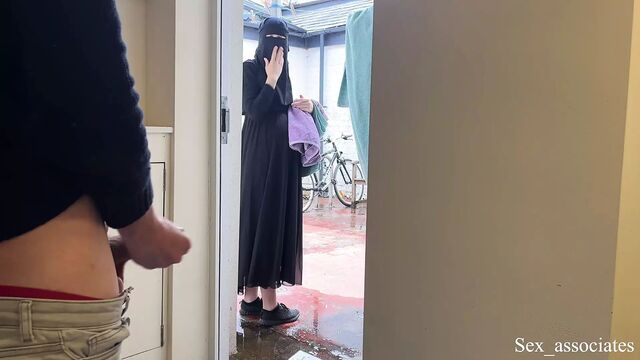 SCARED BUT CURIOUS! Muslim pregnant neighbour in niqab caught me jerking off and asked me to let her touch my uncut dick