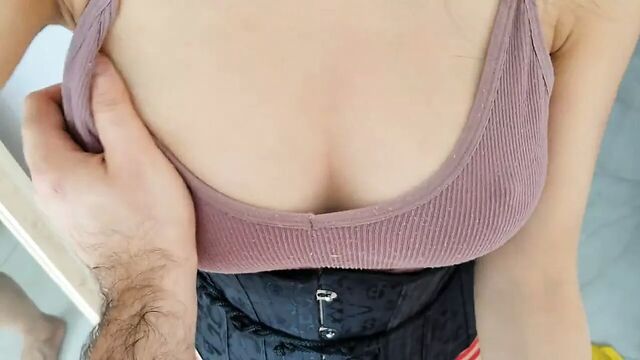 Blowjob and ride to orgasm, busty Asian girl