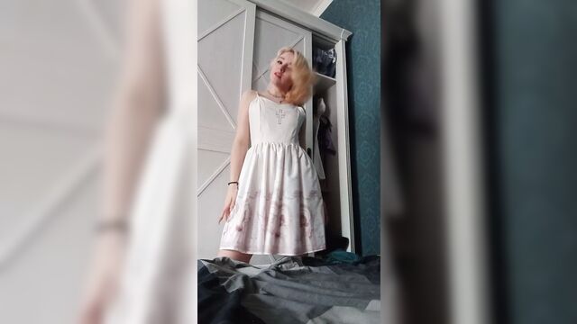 Gentle homemade masturbation in a white dress and a passionate stormy orgasm