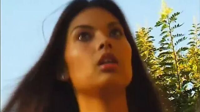 Sexy brunette gets fucked on a chair outdoors then licks cum