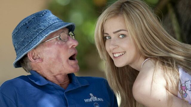 Beautiful teen sucks grandpa outdoors and she swallows it all